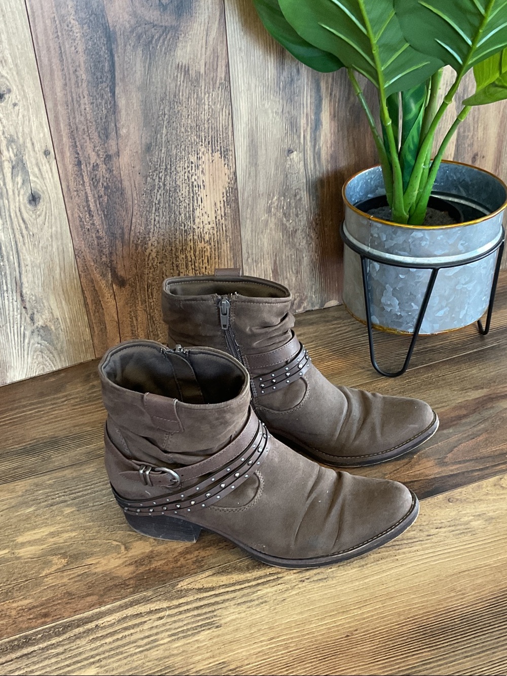 Graceland Brown Suede Ankle Booties with Studded Wrap Straps 40